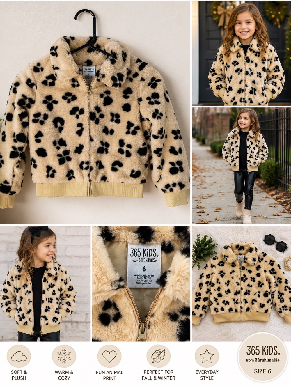 365 Kids Garanimals Coat Cream Black 6 Faux Fur Leopard Print Zip Plush Jacket